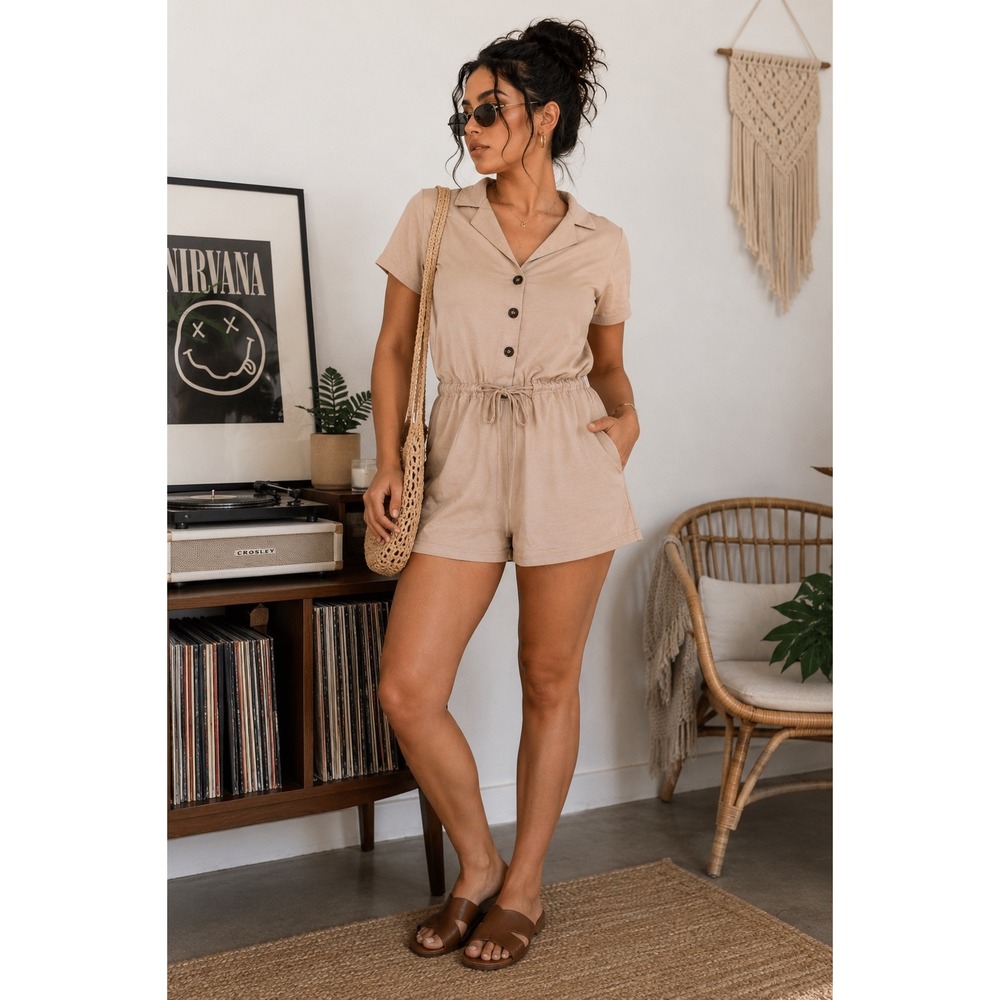 Kittenish Womens Tan Beige Short Sleeve Button Front Drawstring Romper Small